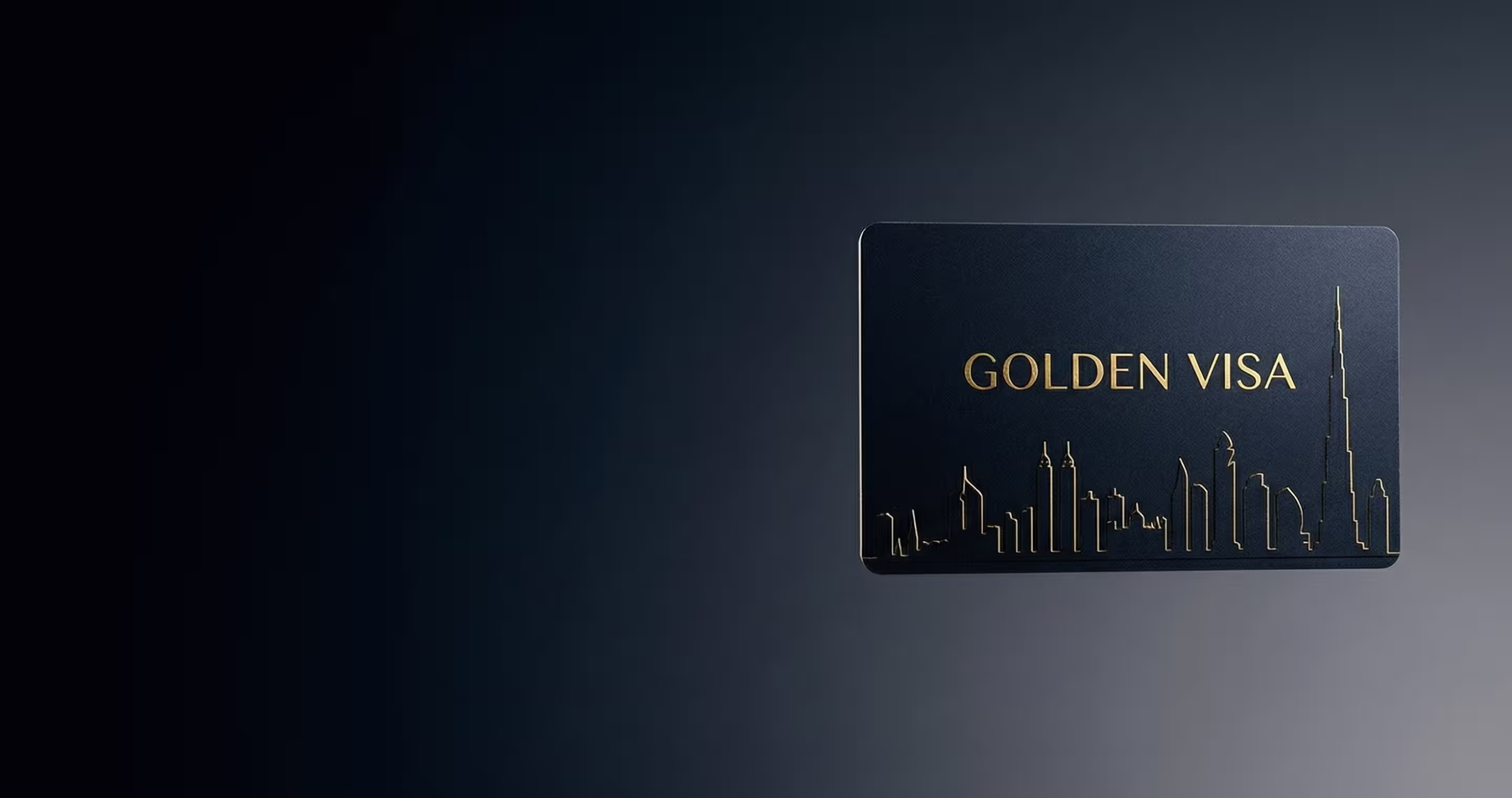 Black card with gold text reading 'GOLDEN VISA' and a gold outline of a city skyline featuring the Burj Khalifa.
