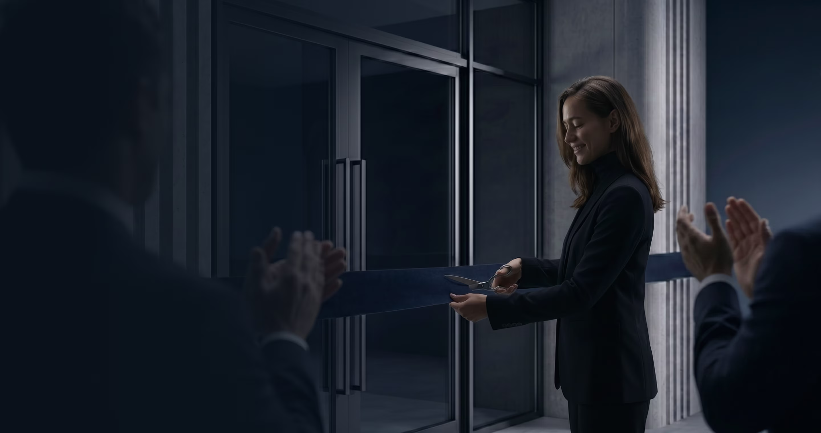 Woman in suit smiling as she cuts a dark ribbon at a corporate opening event.