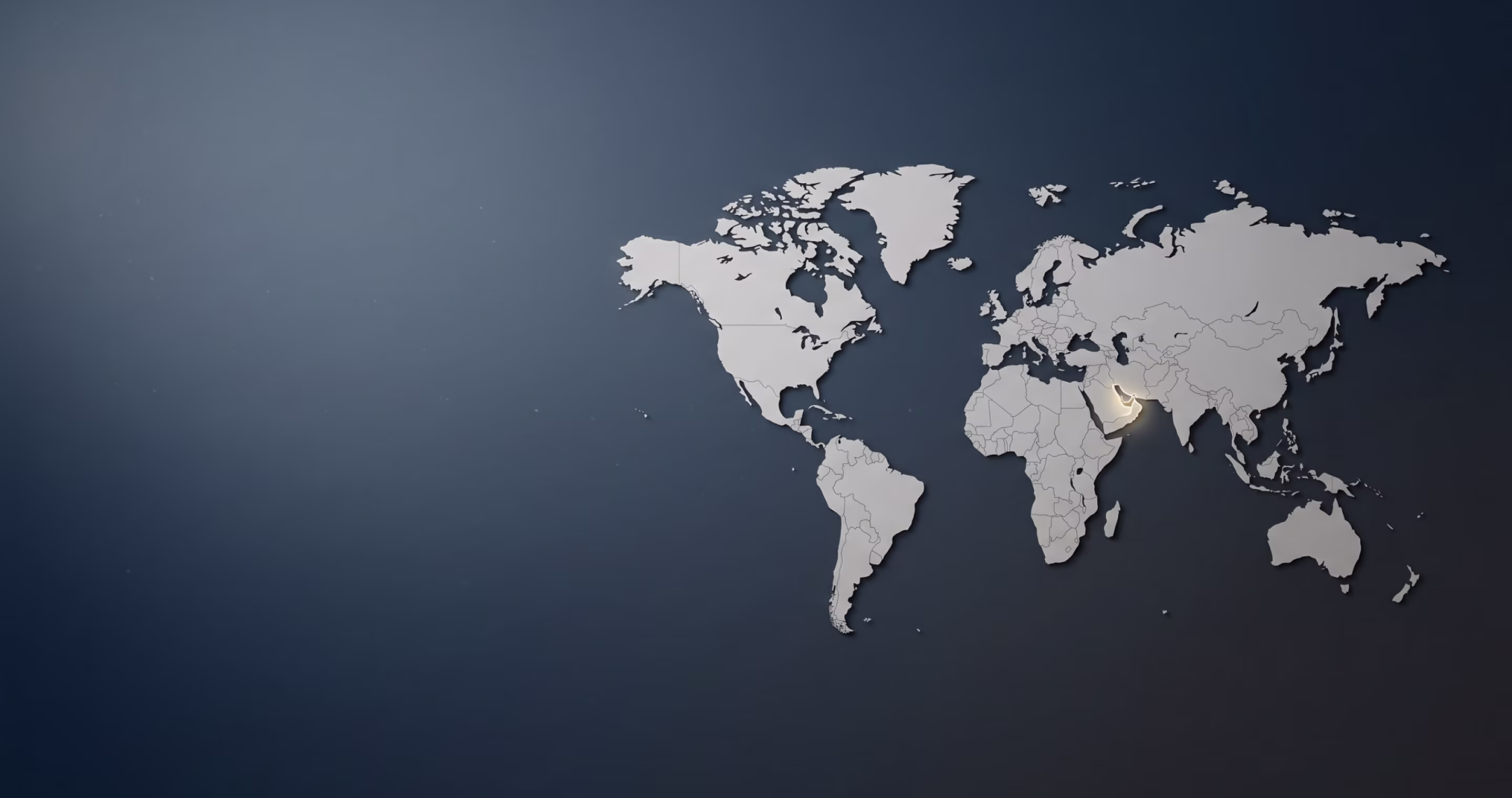 Grey world map on dark background with a glowing area highlighting the Arabian Peninsula.