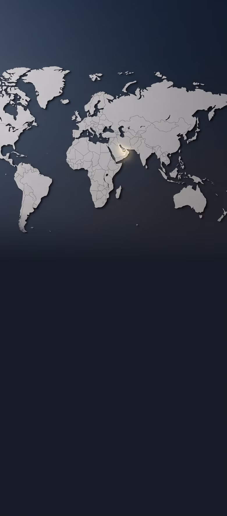 Gray world map on dark background with a glowing highlight on the Arabian Peninsula region.