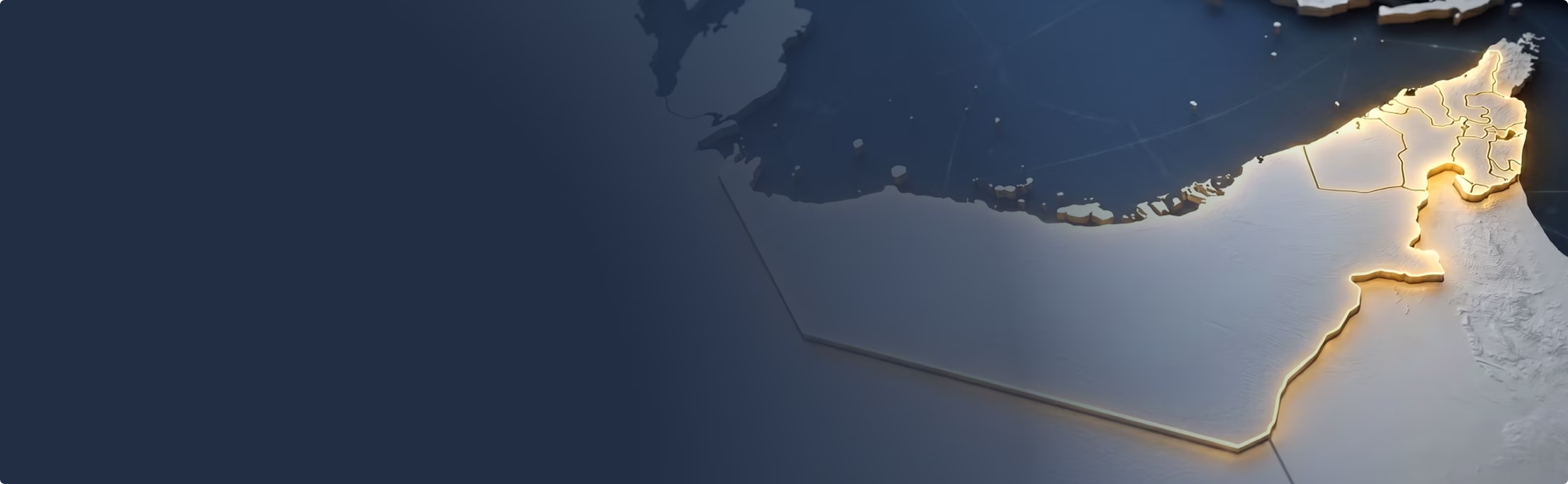 3D map highlighting the United Arab Emirates with glowing borders on a dark blue background.