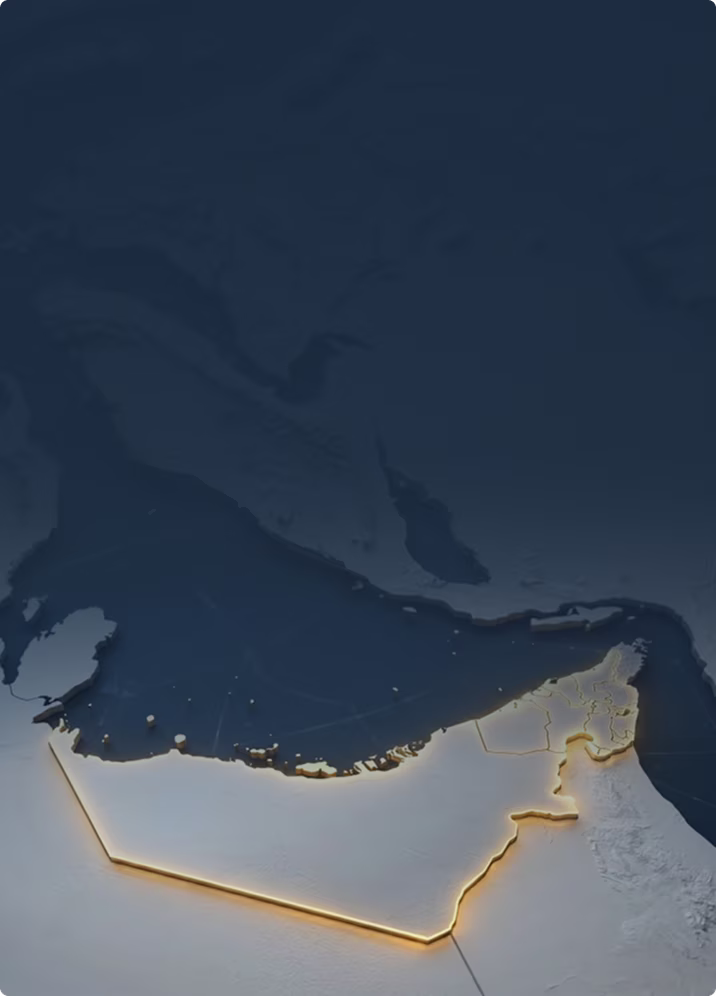 3D map highlighting the United Arab Emirates borders with glowing edges.