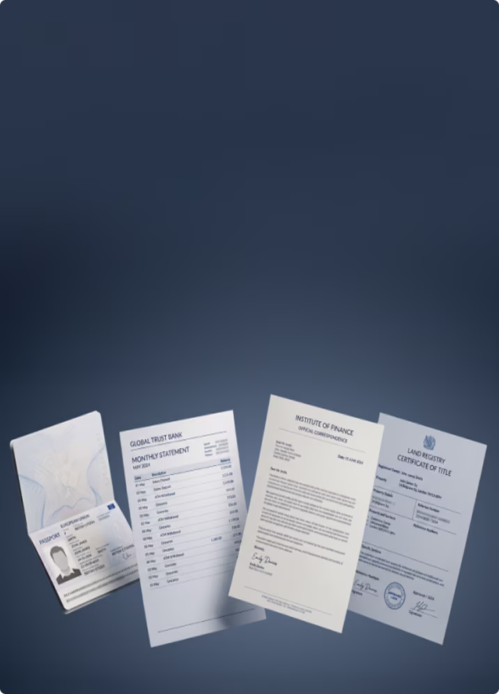 A passport, a bank statement, an official finance letter, and a land registry certificate laid out on a dark surface.