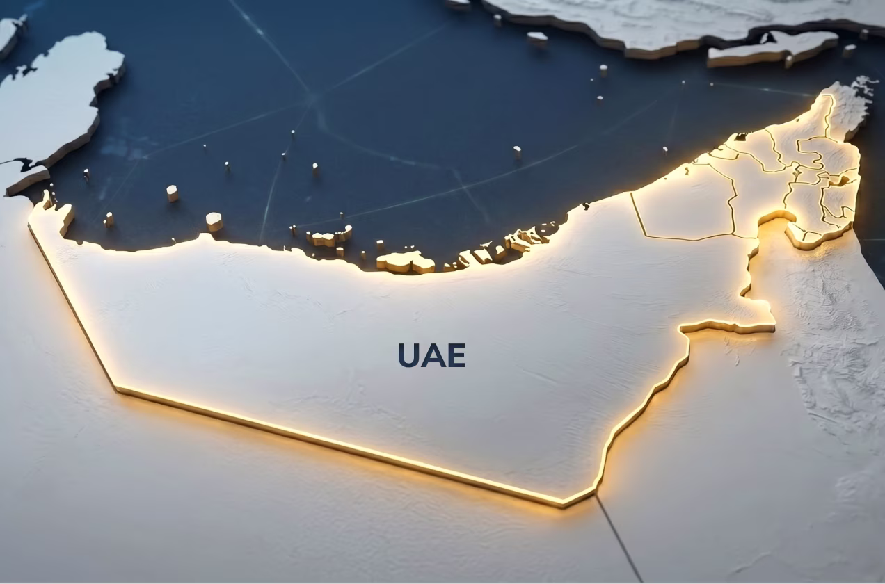 3D map highlighting United Arab Emirates with glowing borders and labeled UAE.
