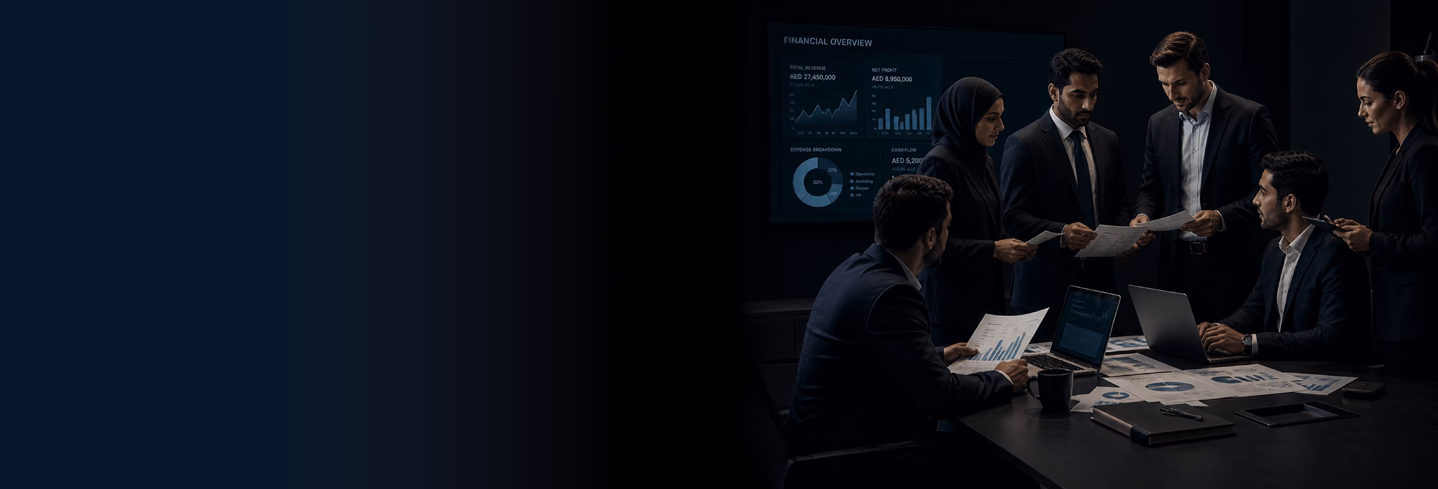 Six business professionals in a meeting reviewing financial charts and reports in a dark conference room.
