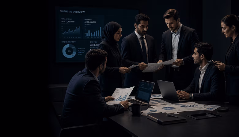 Business team reviewing financial charts and documents during a meeting in a dark room.