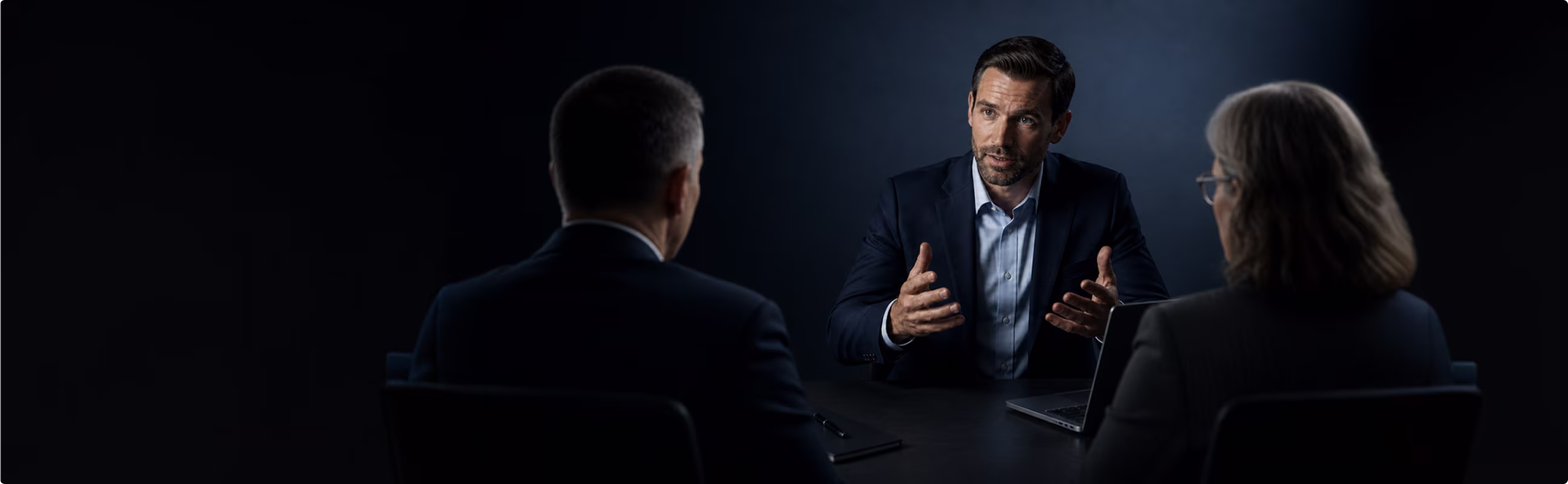 Businessman explaining with hand gestures to two colleagues during a serious meeting around a table.