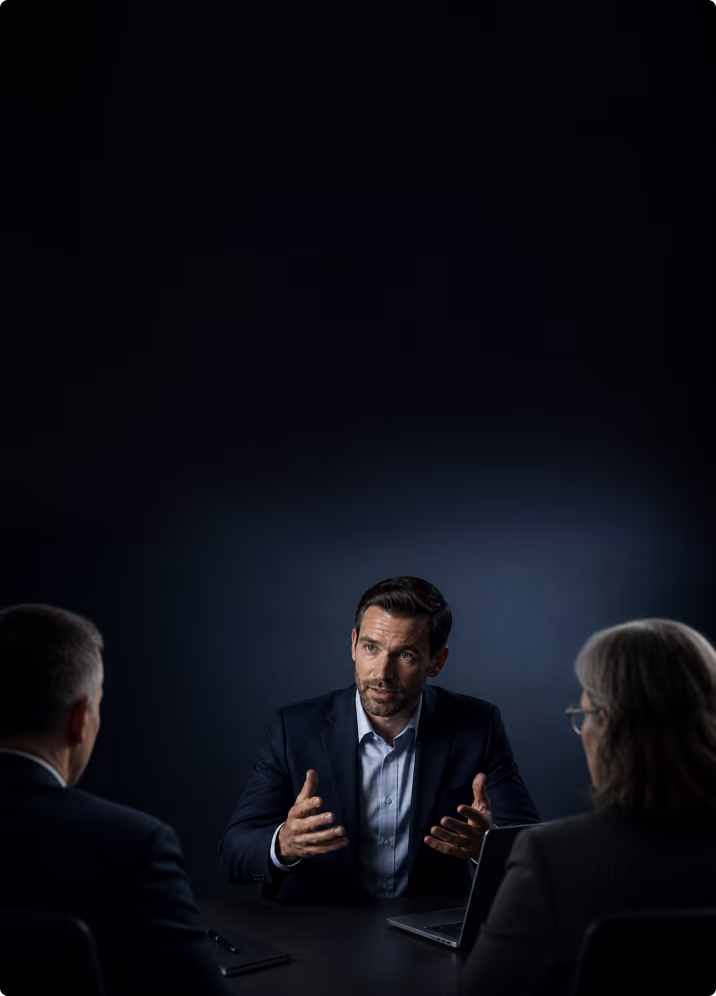 Man in business suit explaining something while seated at a table with two other people in a dark room.
