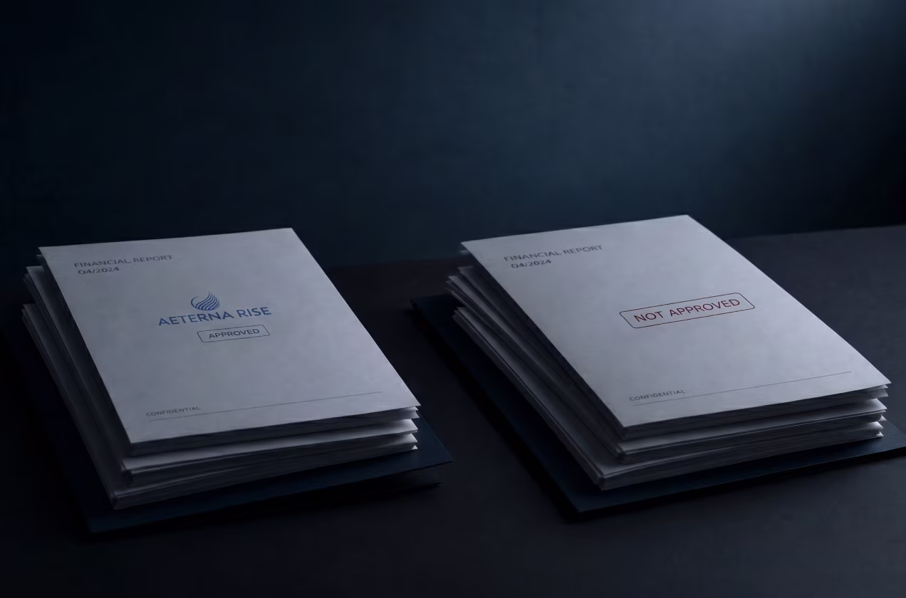 Two stacks of financial reports dated Q4 2024 labeled approved and not approved on a dark surface.