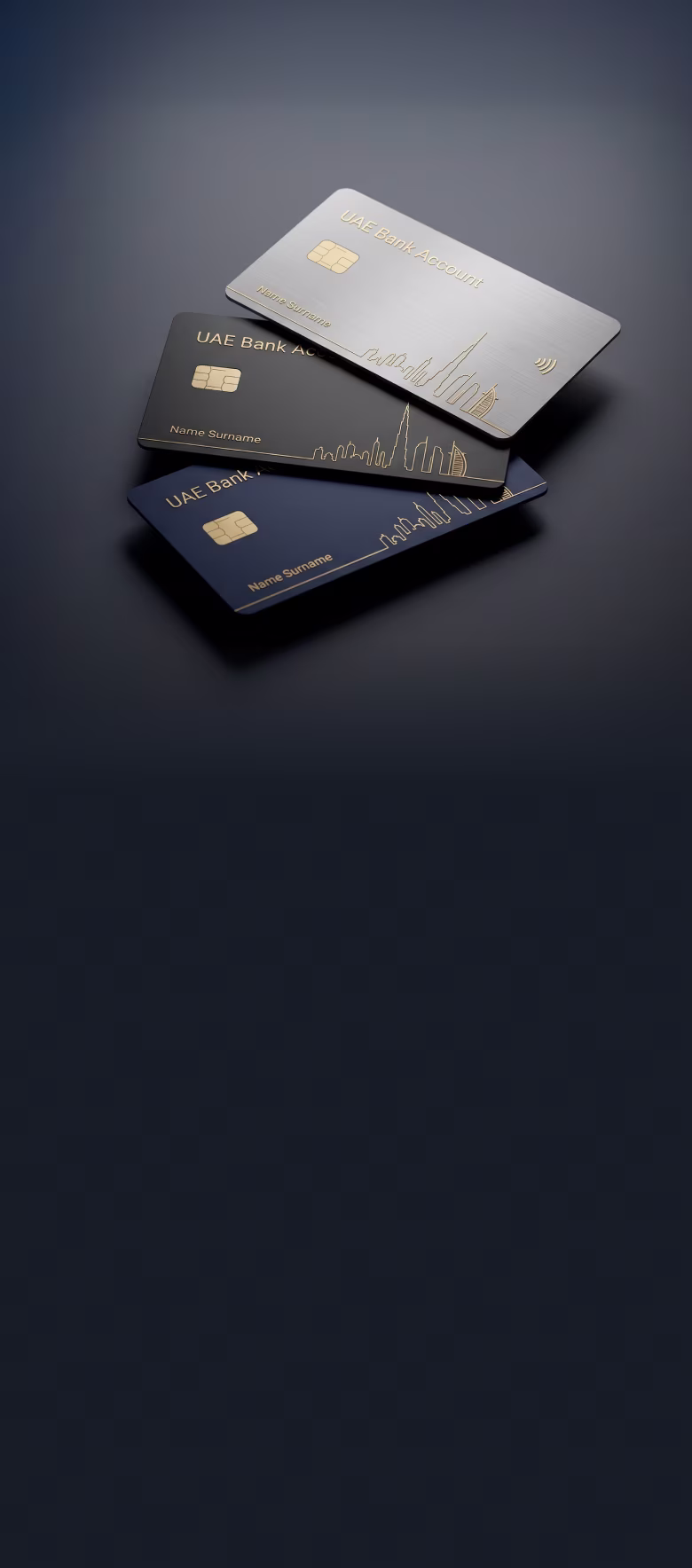 Three UAE bank cards stacked in silver, black, and blue with gold city skyline and chip.
