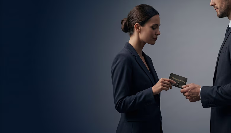 Woman handing a man a card labeled UAE Residence Visa against a dark gray background.