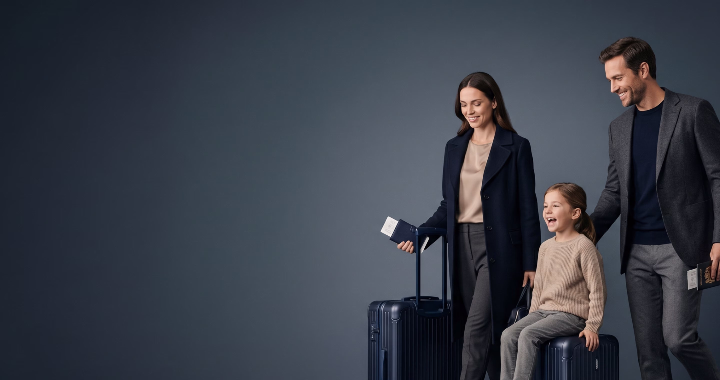Smiling family of three with luggage and passports, prepared for travel against a gray background.