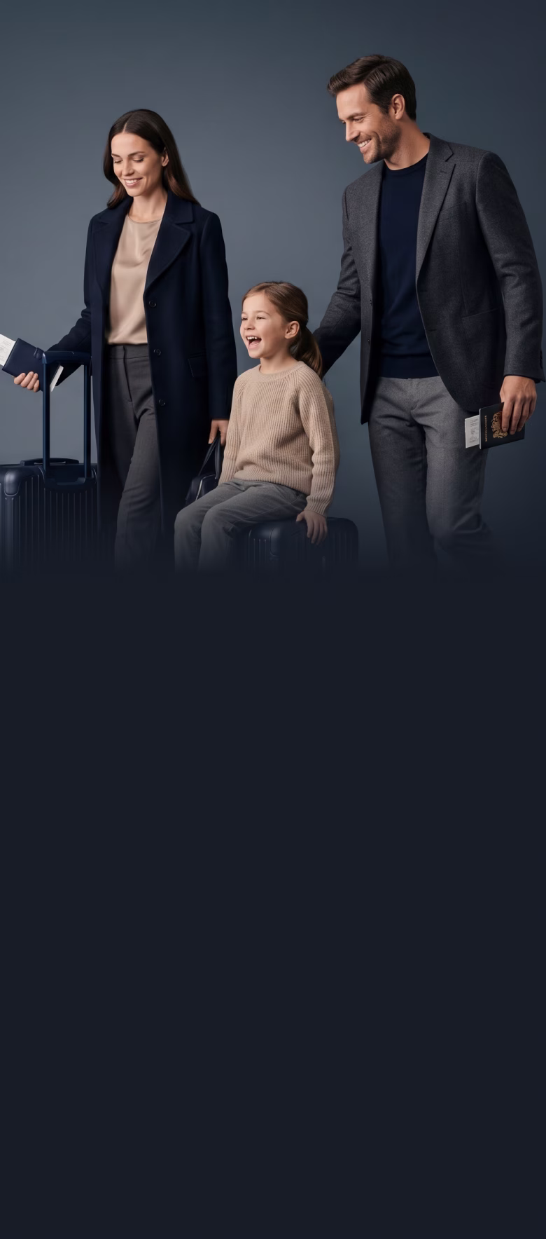 Smiling family with luggage and passports, young girl sitting on suitcase between parents.