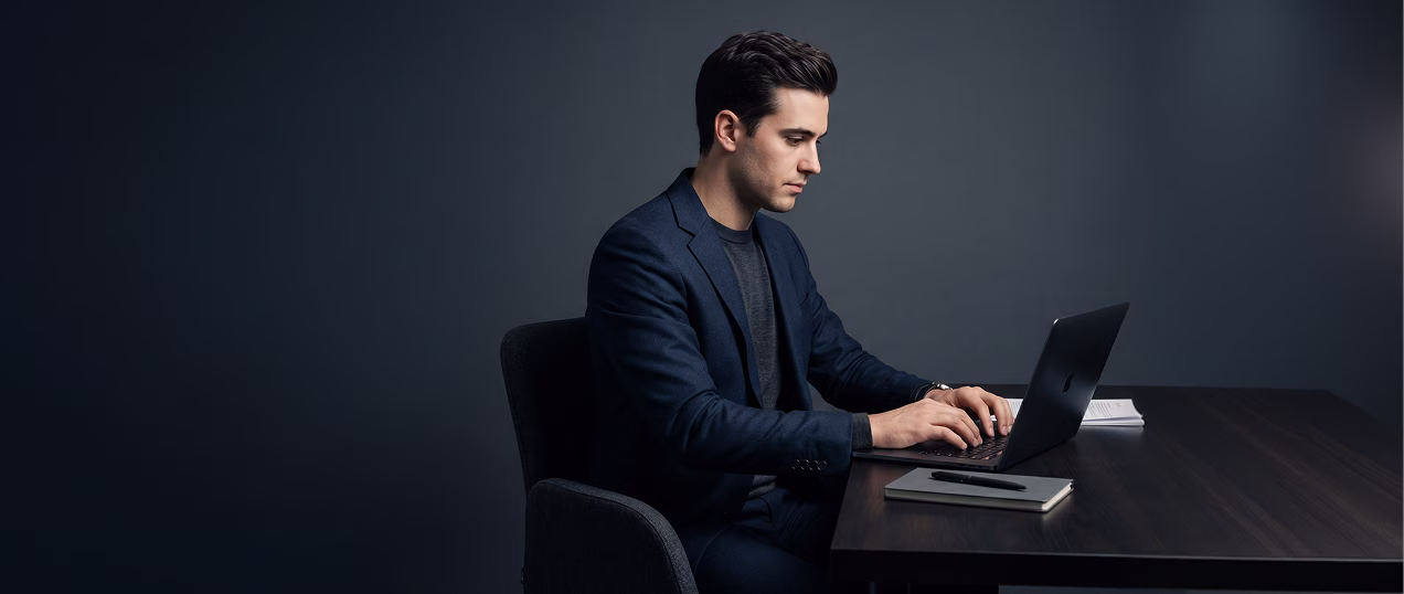 Man in dark suit typing on a laptop at a dark wood desk with a notebook and pen nearby.