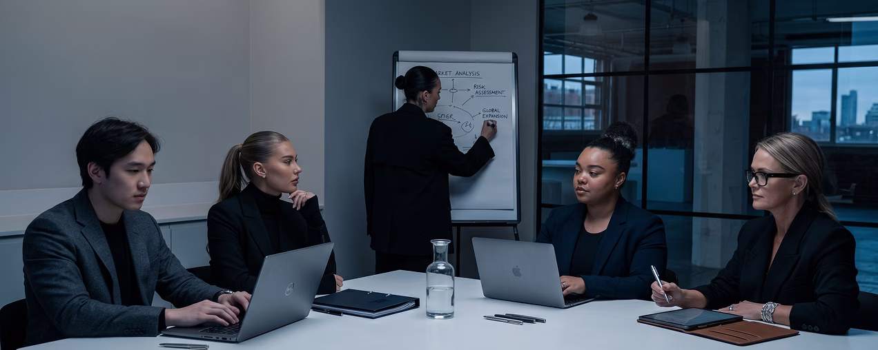 Five businesspeople in a meeting room with laptops and presentation on a flip chart.