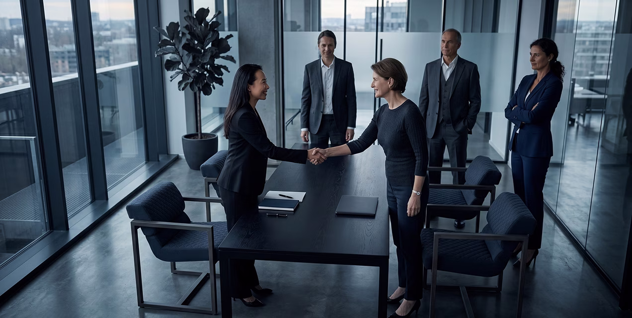 Two businesswomen shaking hands across a table with three colleagues watching in a modern office.