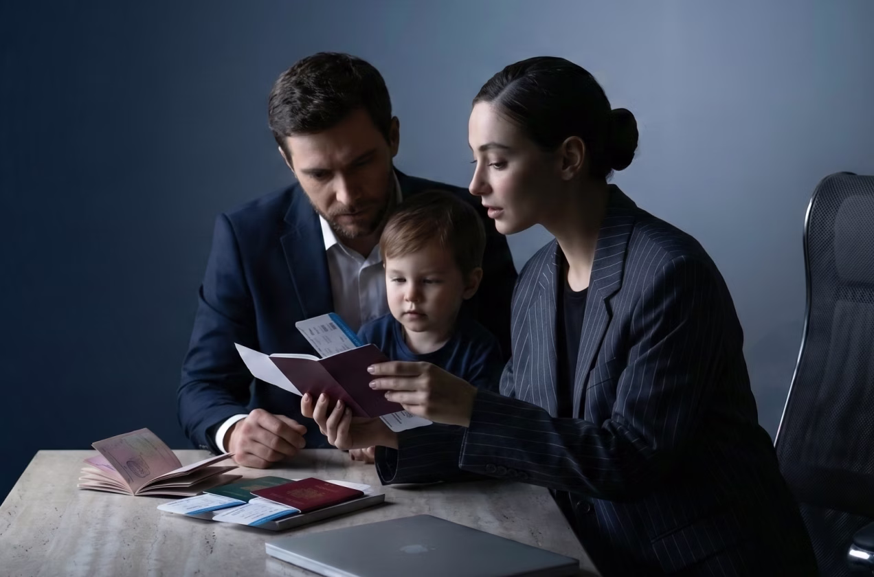 Man, woman, and child reviewing passports and boarding passes at a table with a laptop.