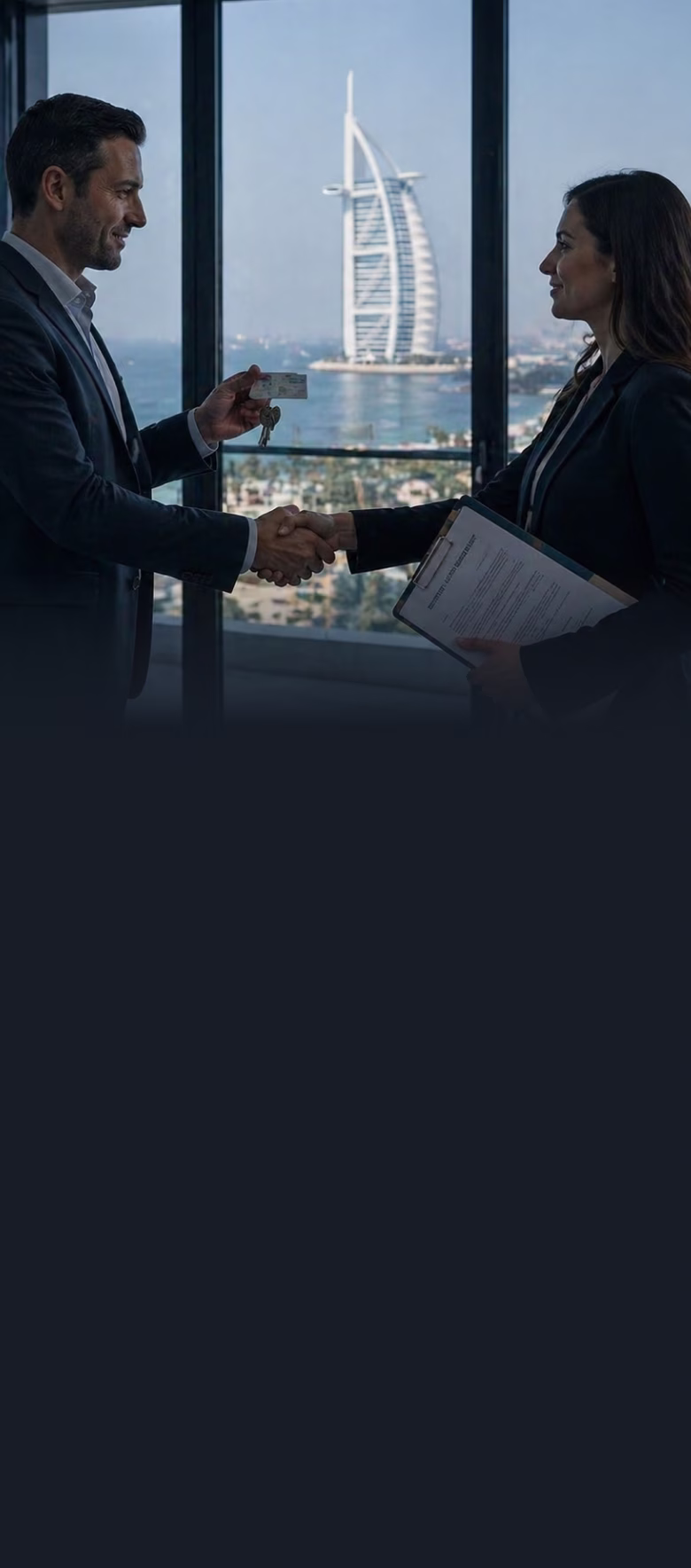 Man and woman shaking hands with Burj Al Arab Dubai visible through window behind them.