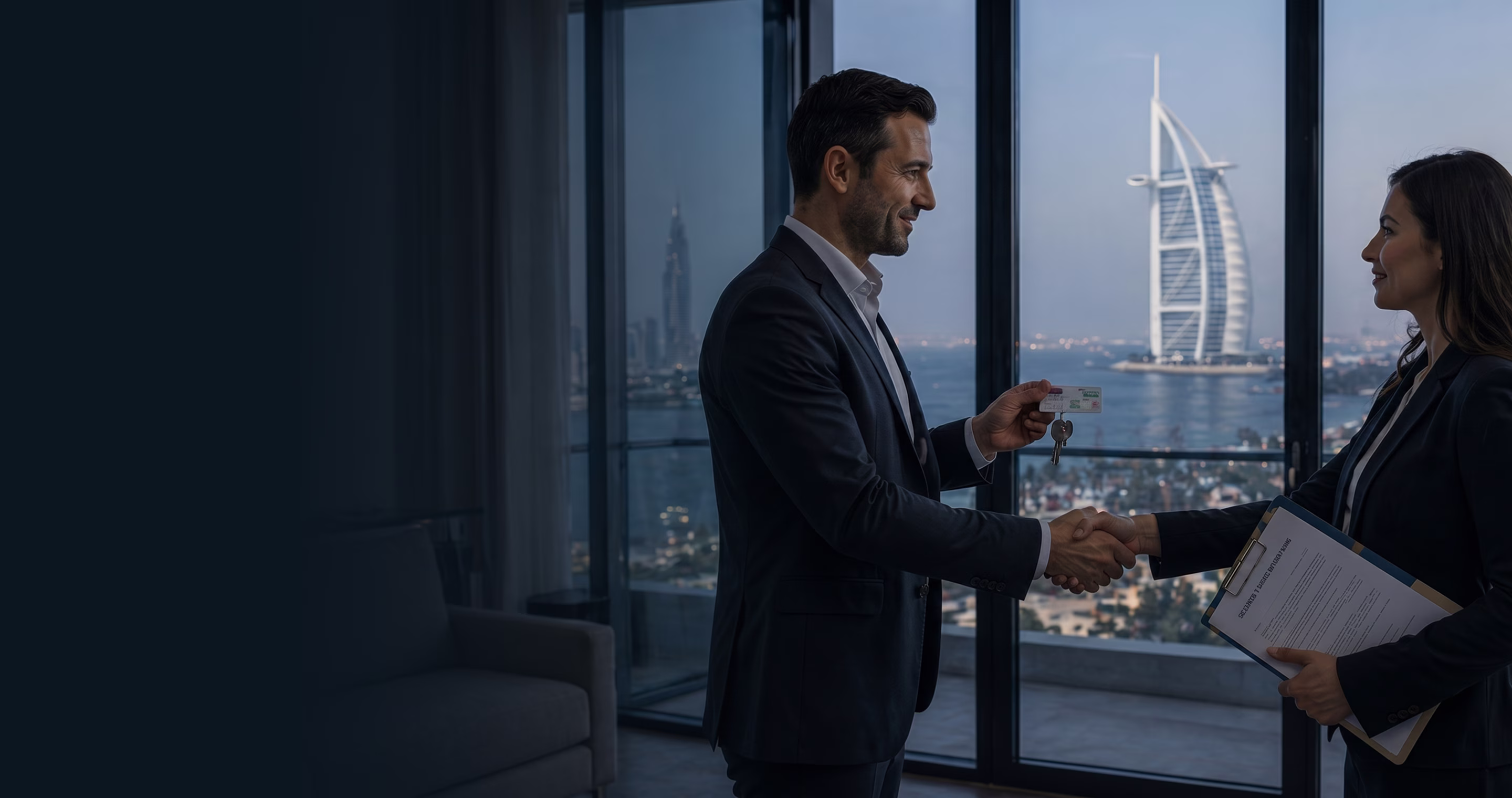 Man handing keys to woman holding documents in office with view of Burj Al Arab Dubai.