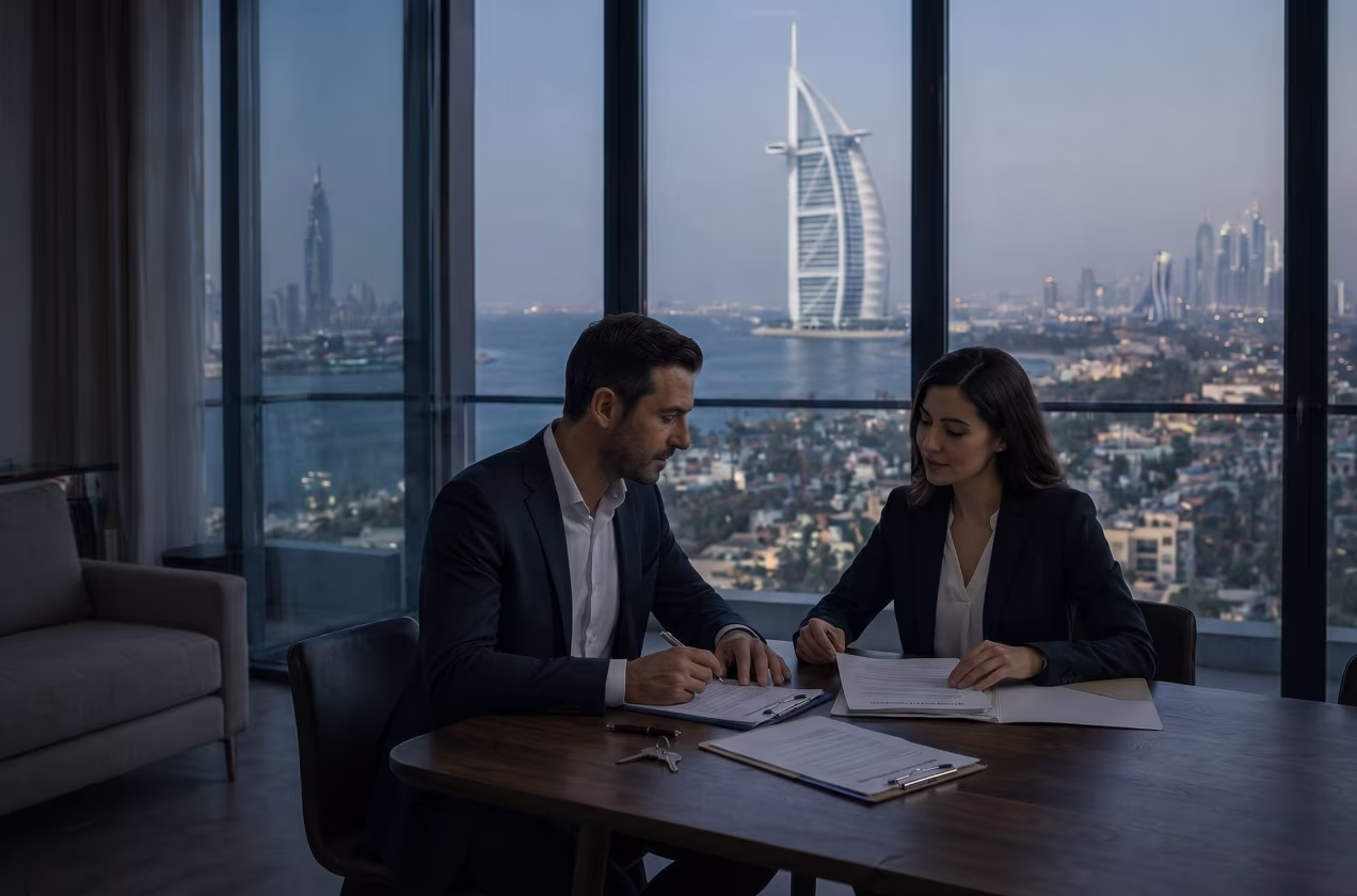 Businessman and businesswoman reviewing documents at a table with a cityscape and Burj Al Arab in the background.