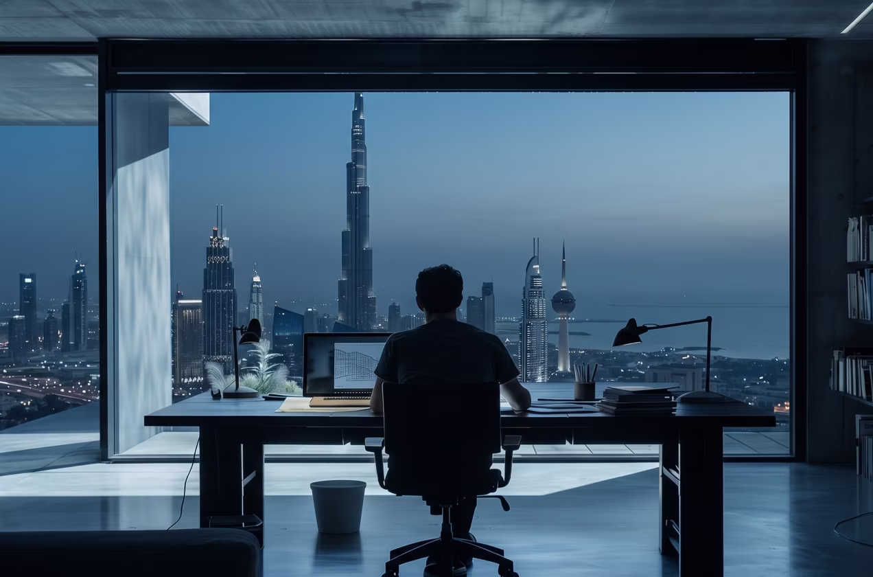 Person working on laptop at desk with large window showing city skyline at dusk.
