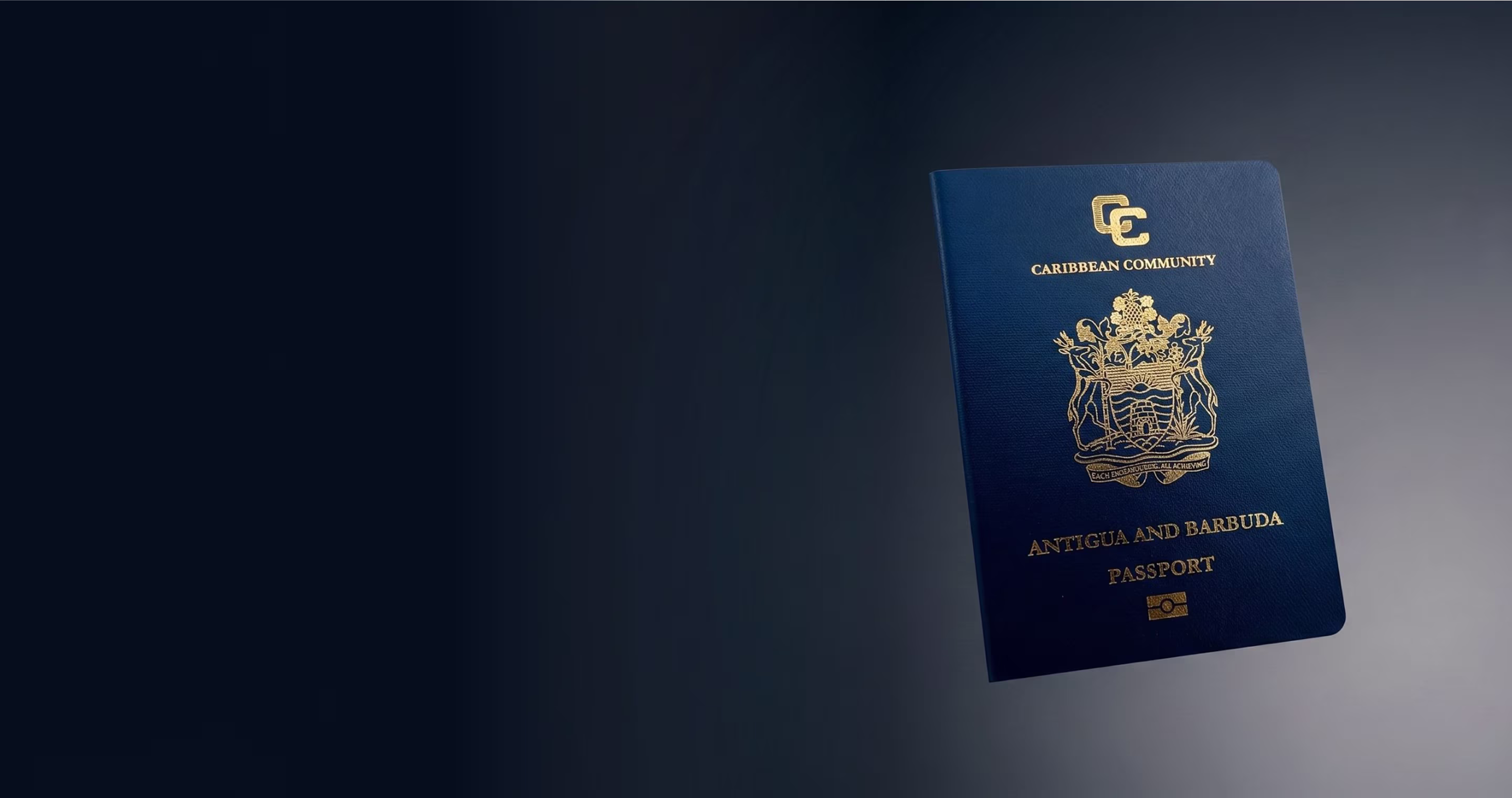 Blue Antigua and Barbuda passport with Caribbean Community emblem on dark gradient background.