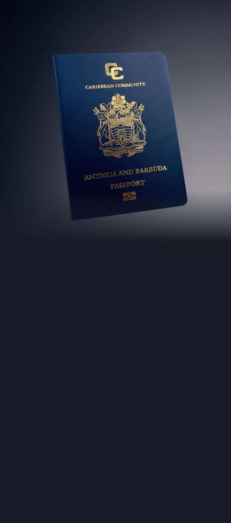 Blue Antigua and Barbuda passport with Caribbean Community emblem and gold text on cover.
