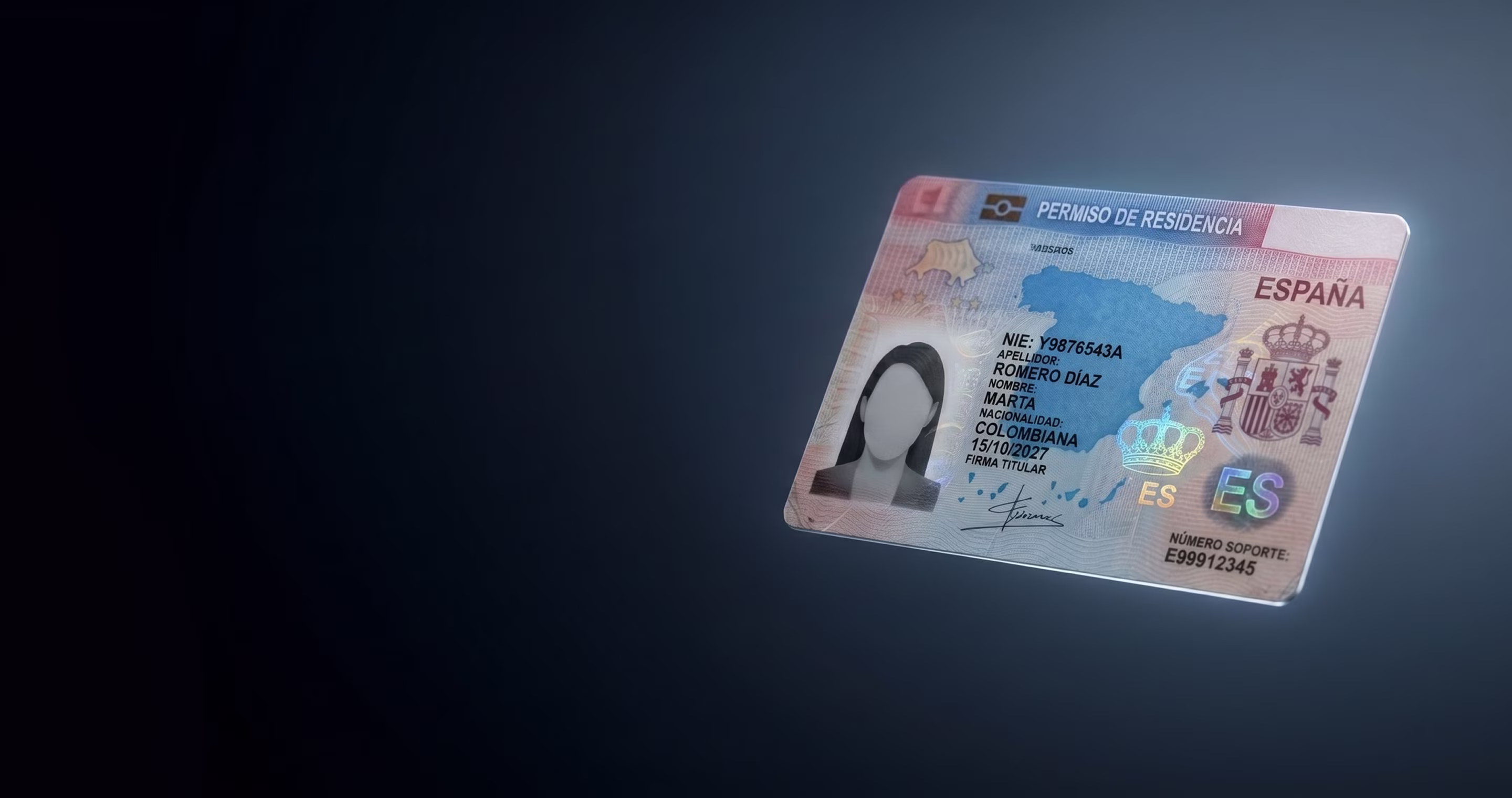 Spanish residency card with map, photo placeholder, and personal details of Marta Romero Díaz from Colombia.