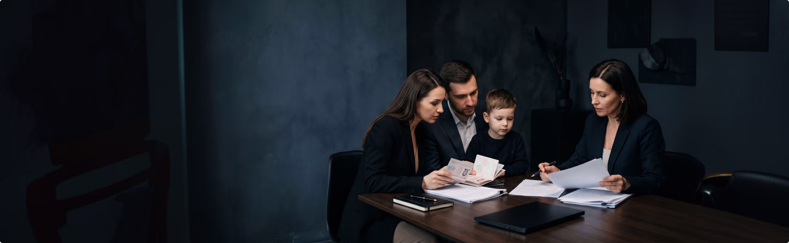 A couple reviews passports with their child while a woman reviews documents at a table.
