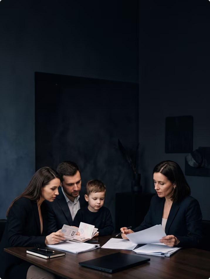 Family with a young boy reviewing documents with a professional woman at a dark wooden desk.