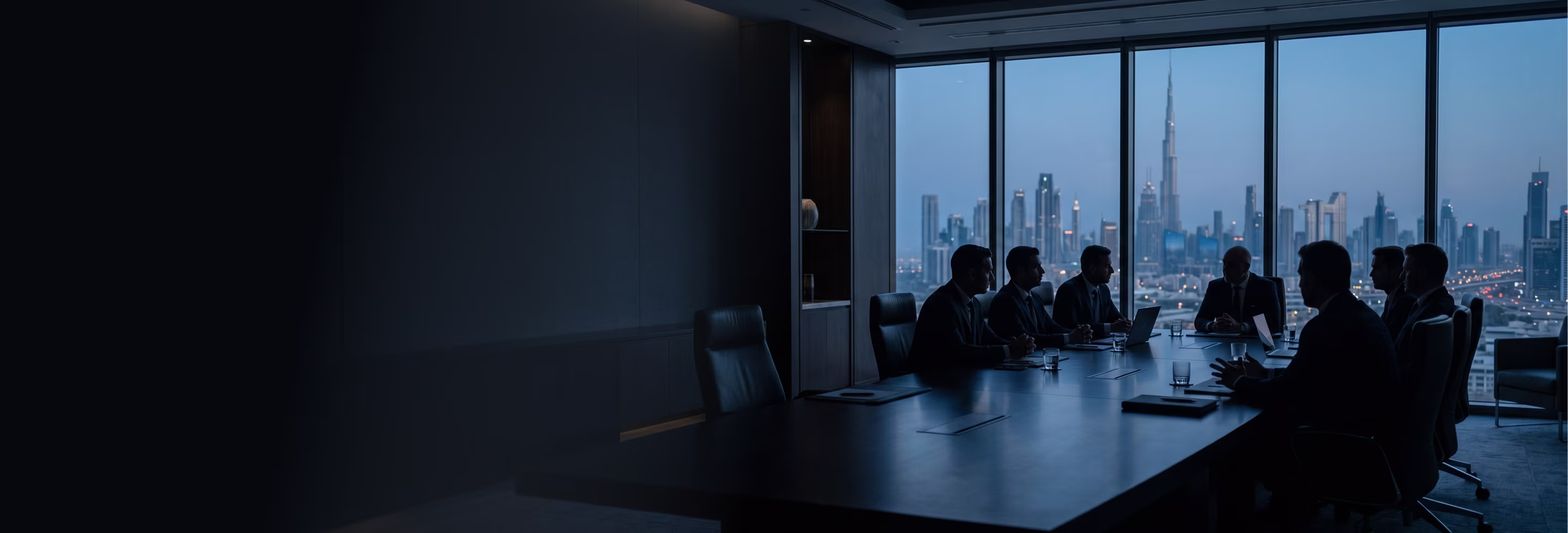 Silhouettes of businesspeople in a meeting room with a city skyline and Burj Khalifa visible outside.