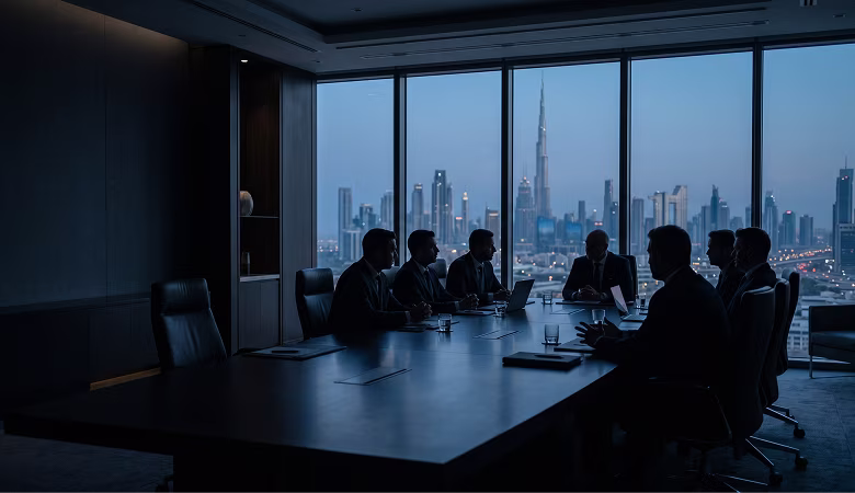Silhouetted business people in a meeting room with city skyline and tall skyscraper outside the window.