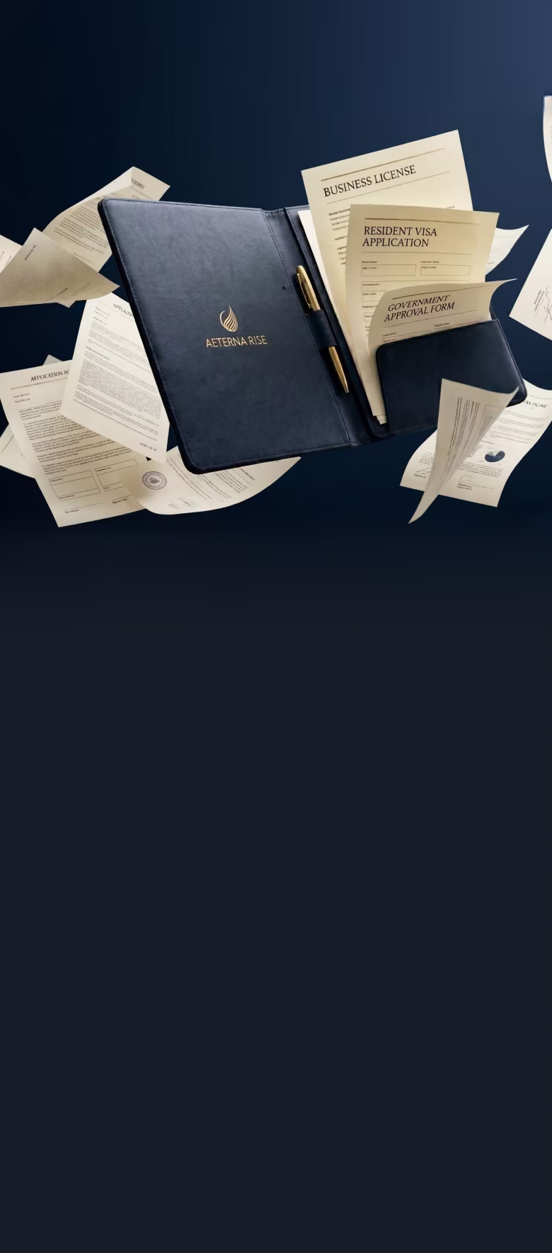 Open black folder with gold pen and documents like business license and visa application floating around.