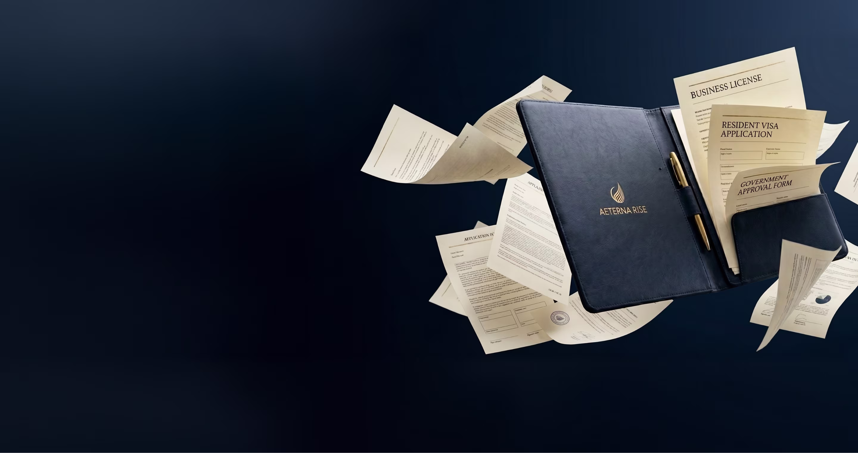 Open folder with Aeterna Rise logo holding business license, visa application, approval form, and flying documents.