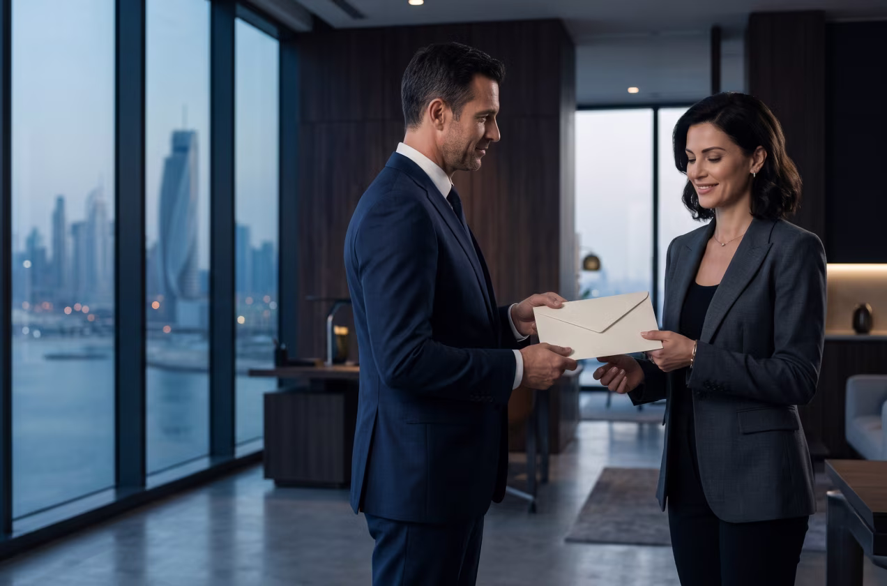 Man in navy suit hands a beige envelope to smiling woman in gray suit in modern office.