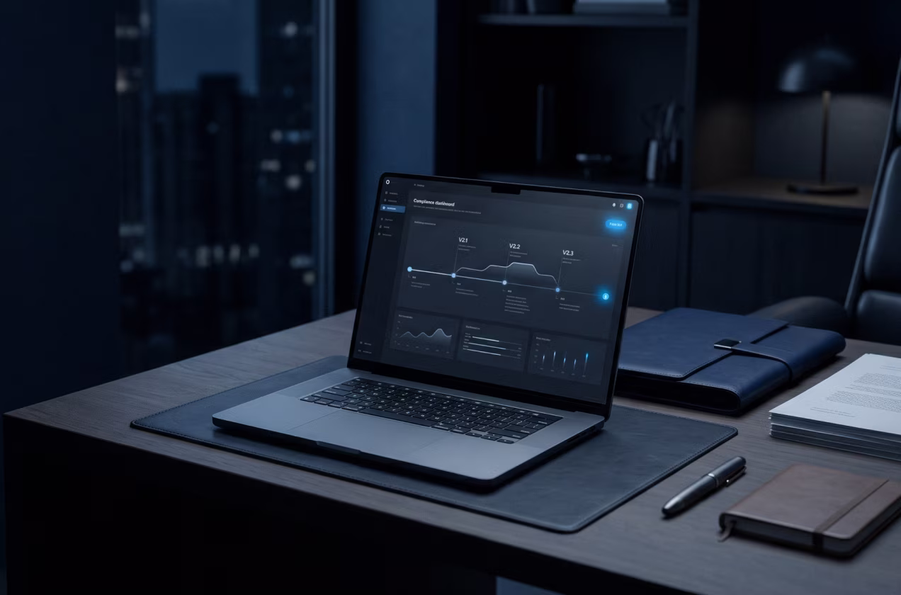 Laptop on desk showing a compliance dashboard with graphs and charts in a dimly lit modern office.