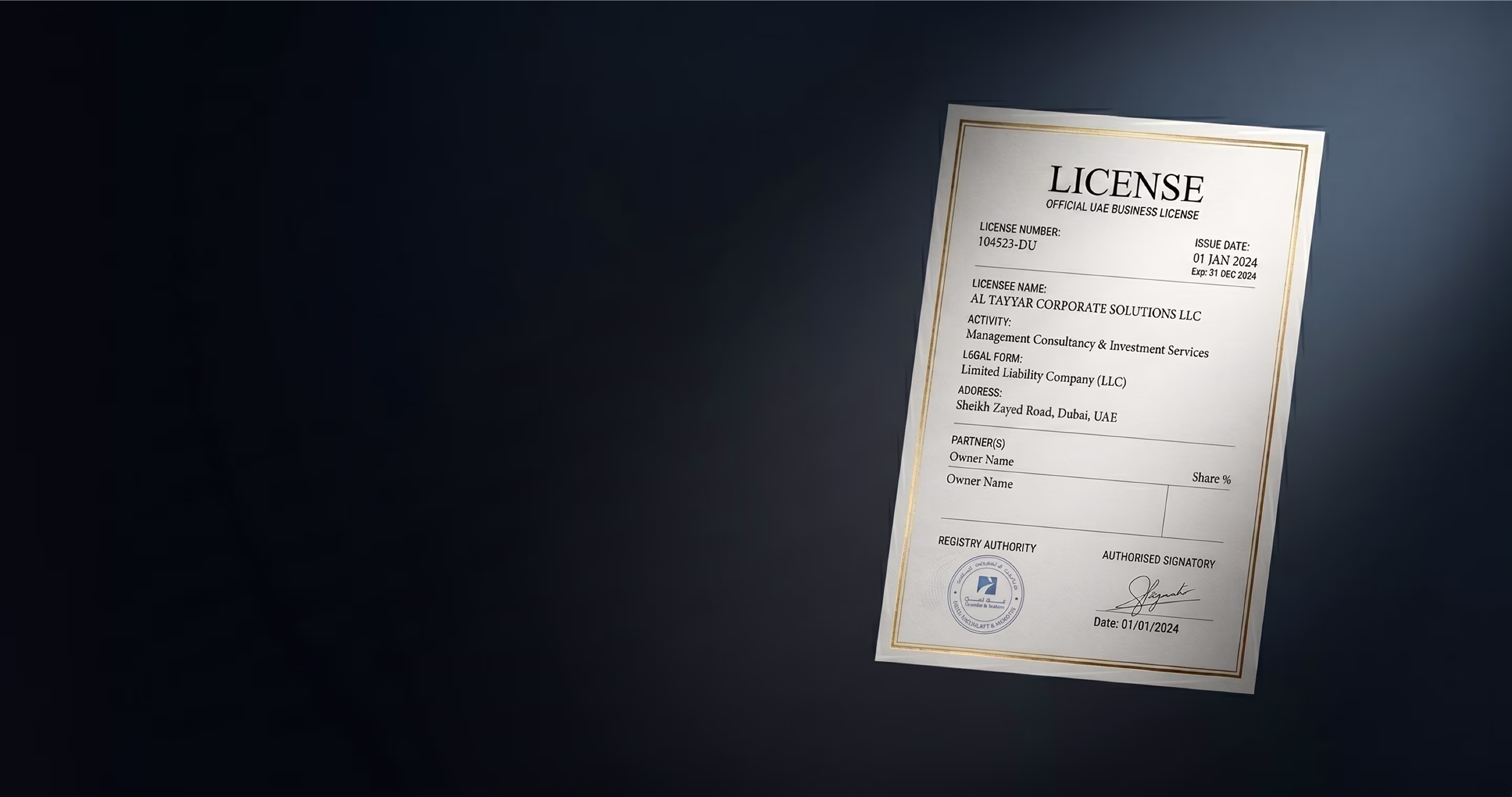 Official UAE business license for Al Tayyar Corporate Solutions LLC with issue and expiry dates shown.