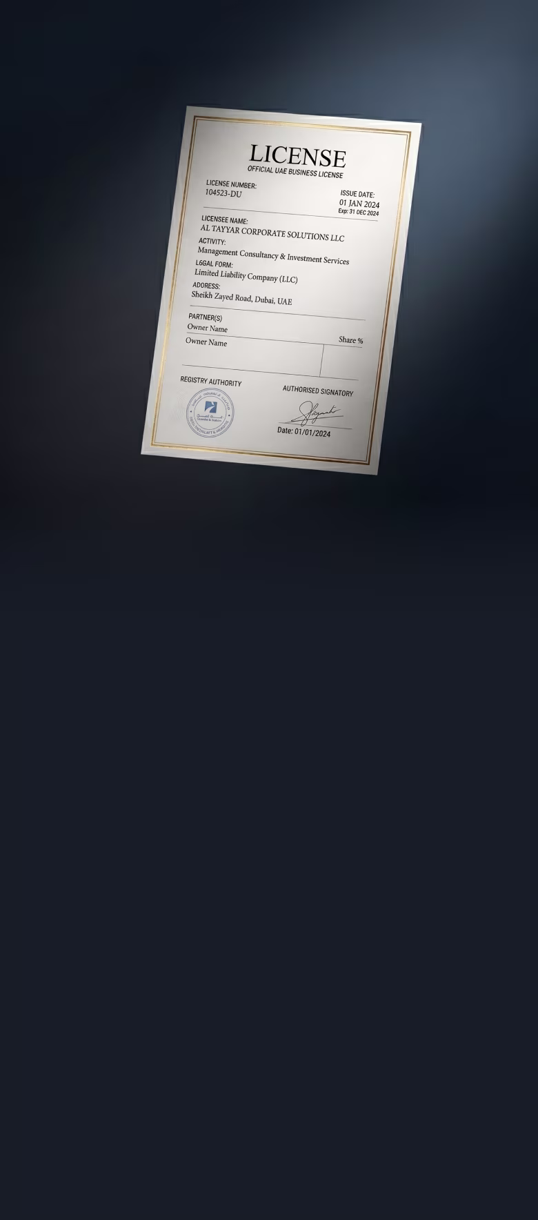 Official UAE business license for Al Tayyar Corporate Solutions LLC dated Jan 1, 2024, with address and signature.