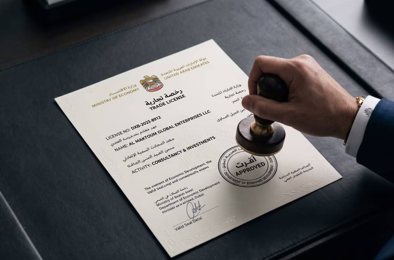Hand stamping an approved trade license from the UAE Ministry of Economy on a desk.