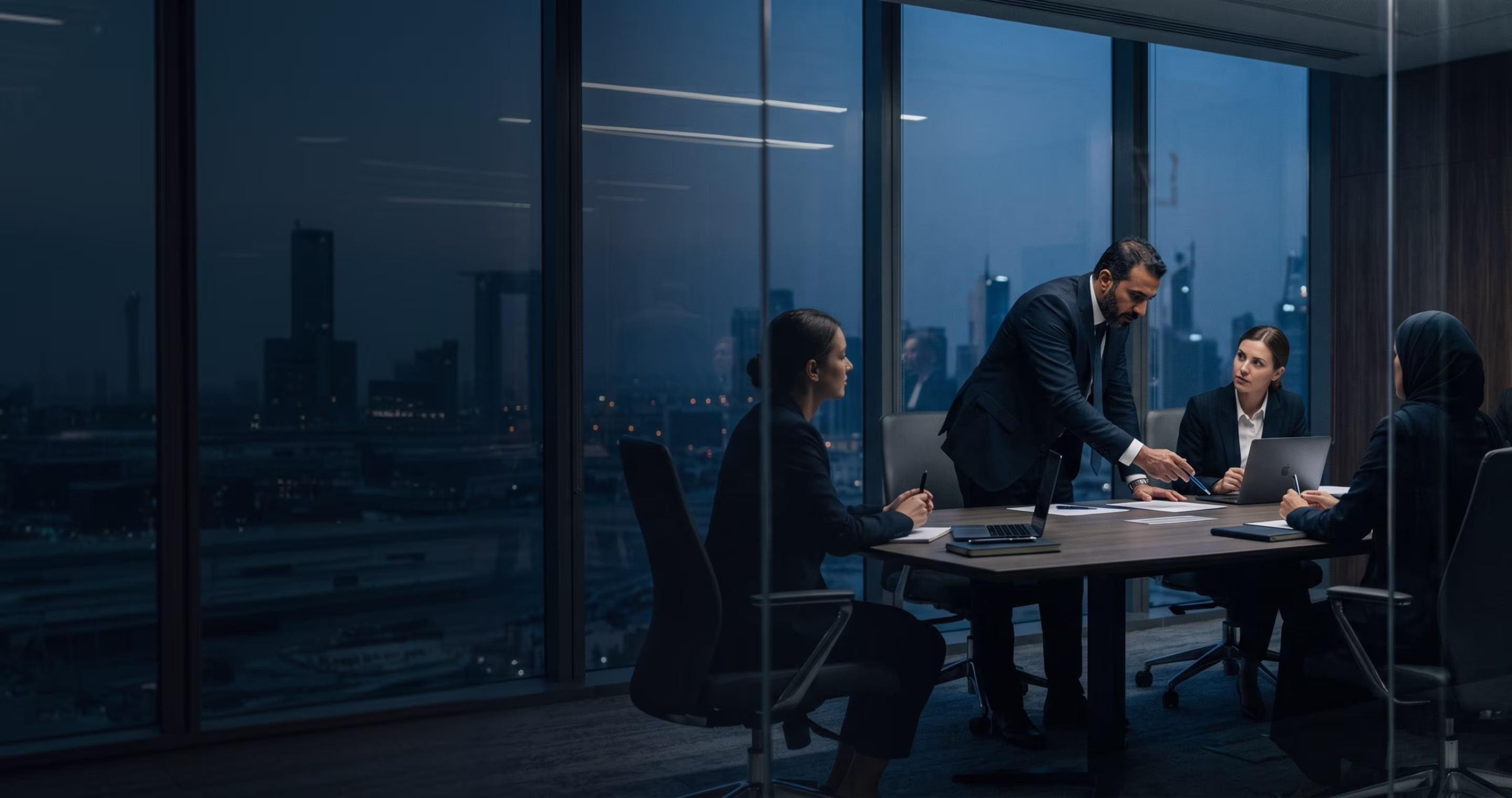 Businessman explaining papers to colleagues at a meeting table in a glass office at night.