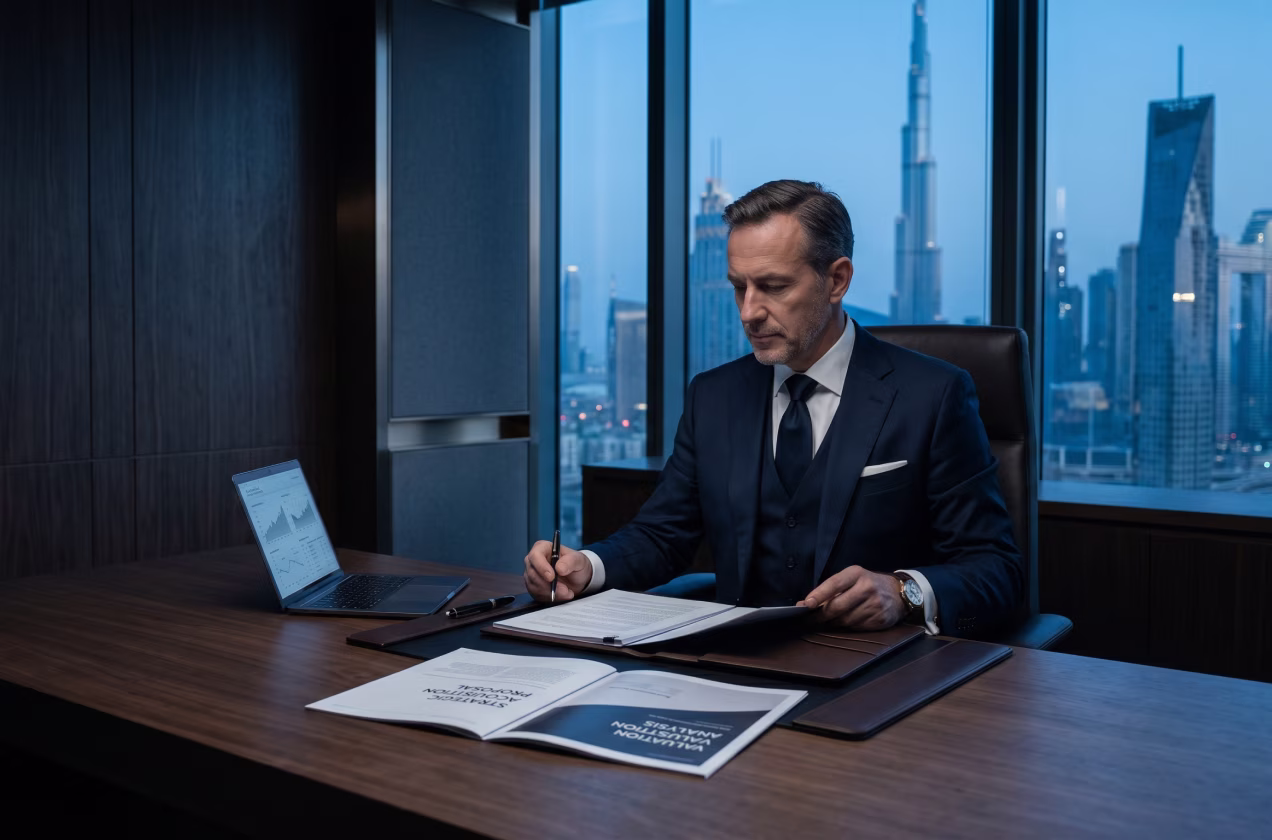 Businessman in suit working on documents at desk with laptop and city skyline at dusk behind him.