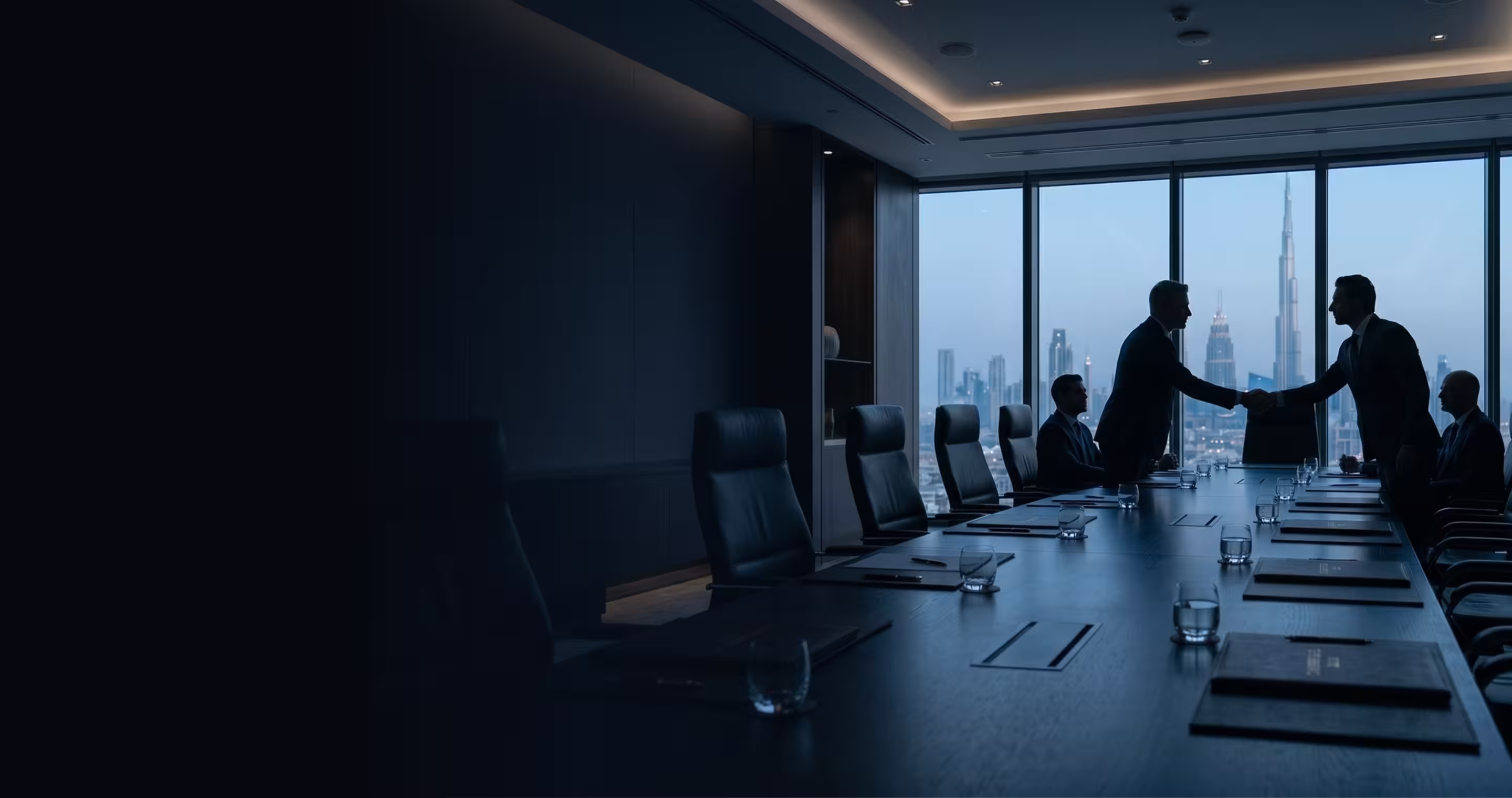 Businessmen shaking hands in a modern conference room with a city skyline visible through large windows.