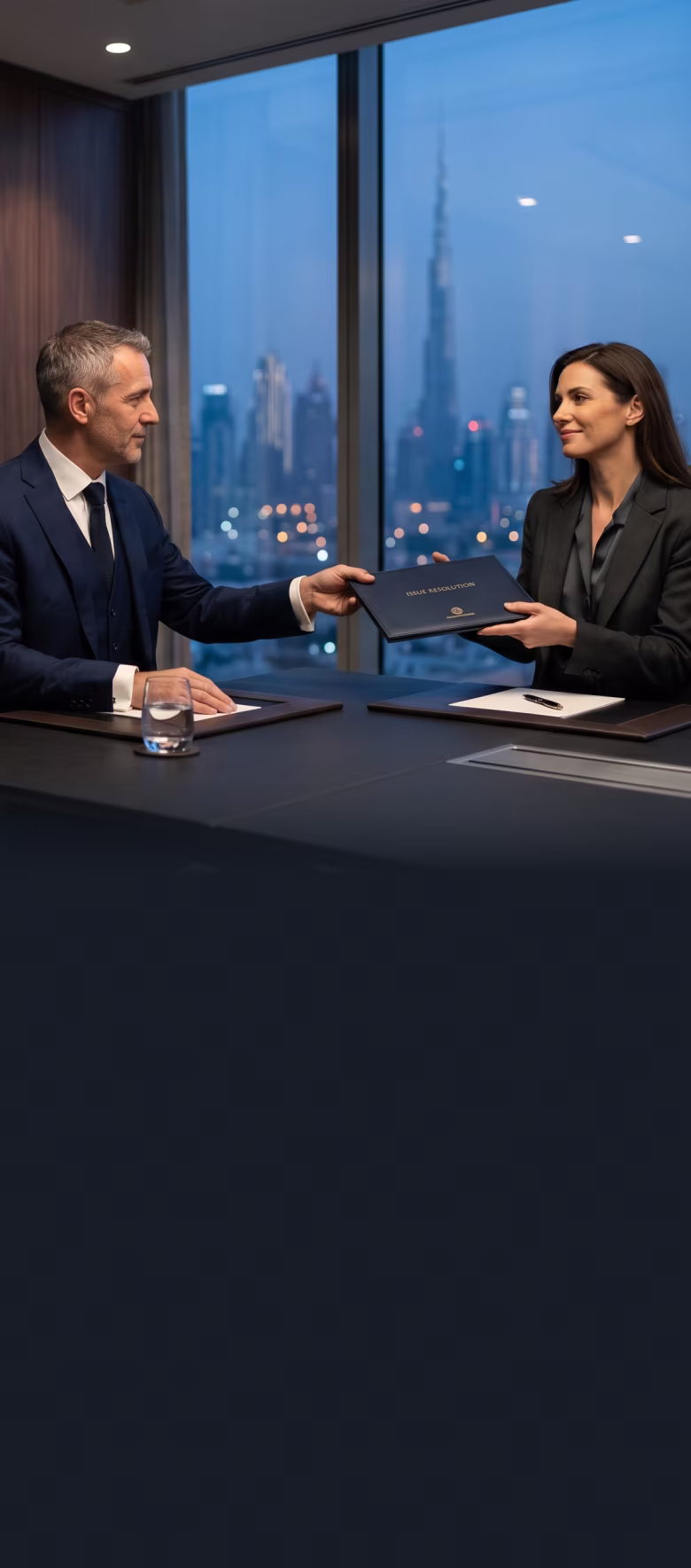 Man in suit handing woman a folder labeled Issue Resolution in meeting room with city skyline view.