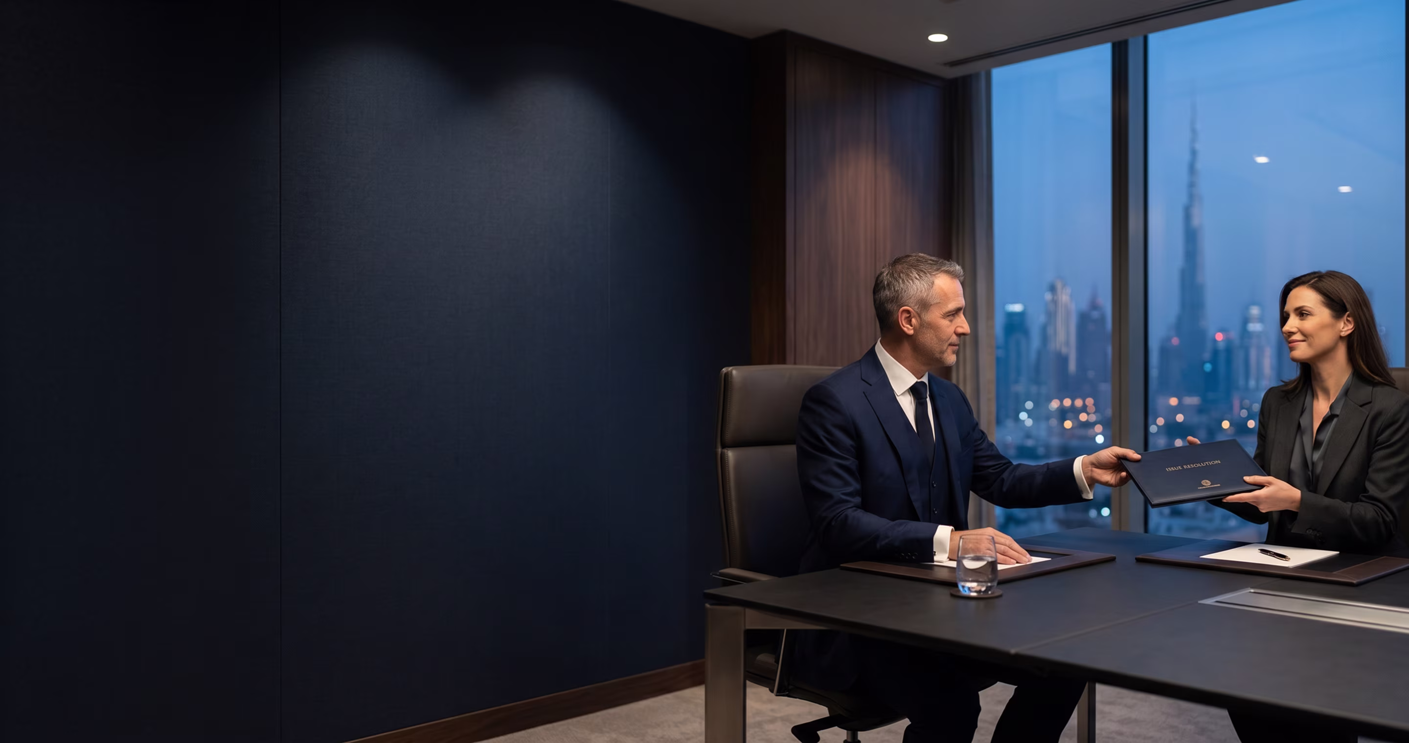 Businessman handing a folder labeled Issue Resolution to a businesswoman in a modern office.
