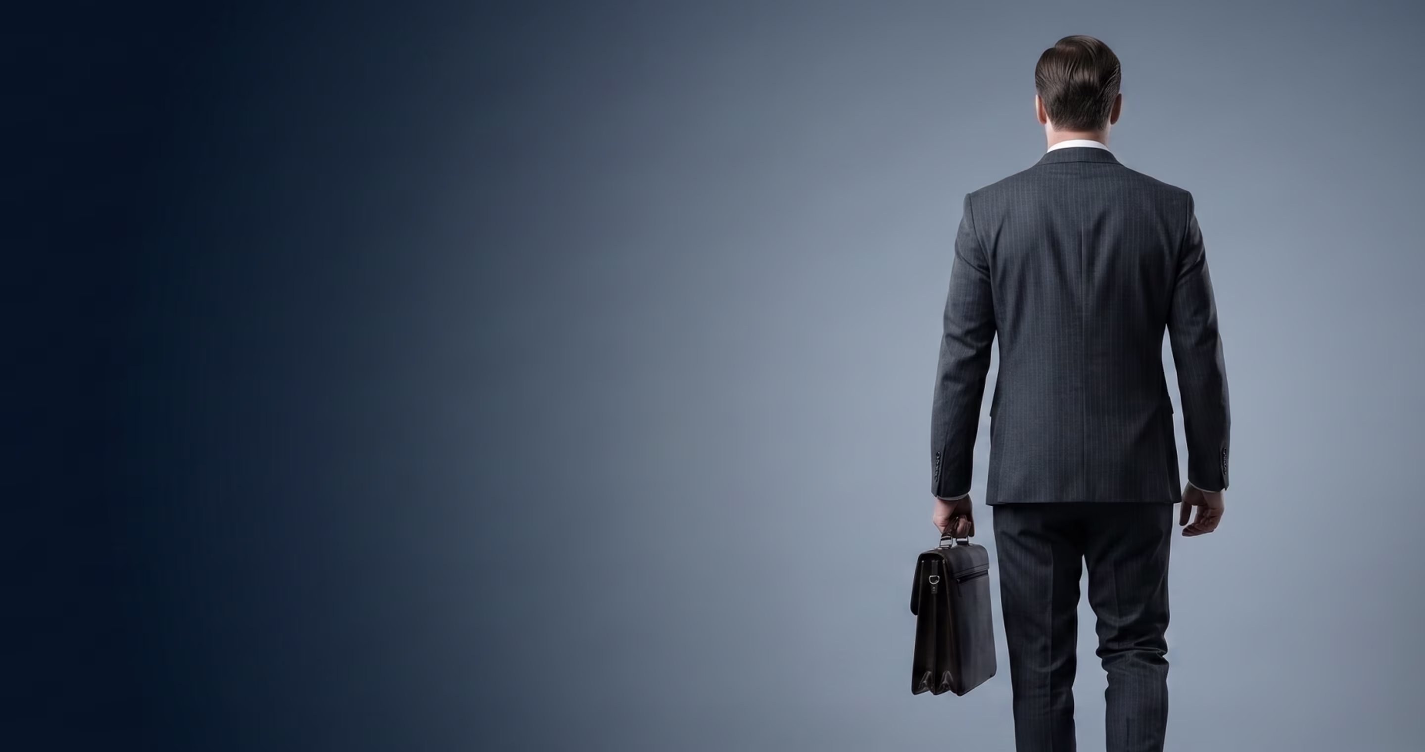Businessman in a dark suit holding a briefcase, walking away against a gradient blue background.