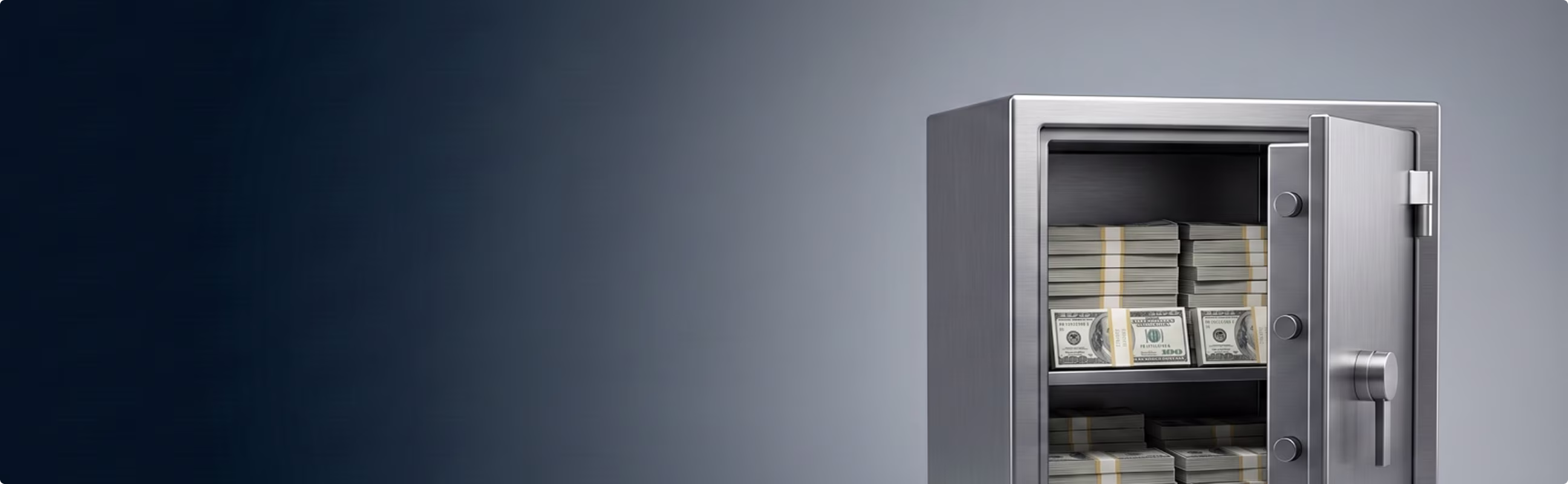 Open metal safe filled with stacks of US hundred-dollar bills on shelves.