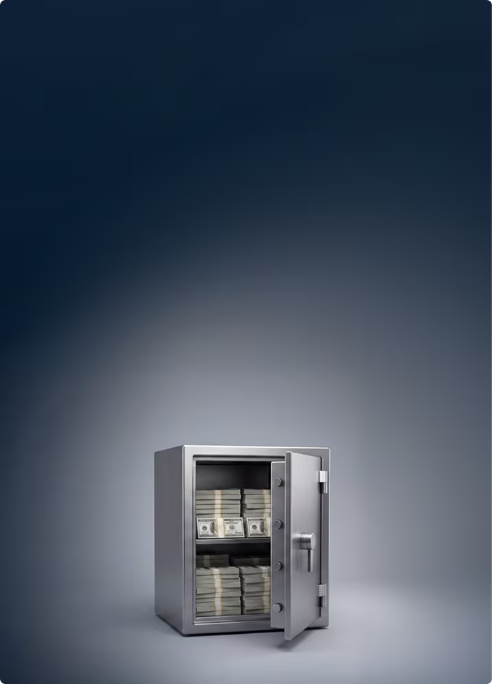 Metal safe with door open revealing stacks of US dollar bills inside on two shelves.