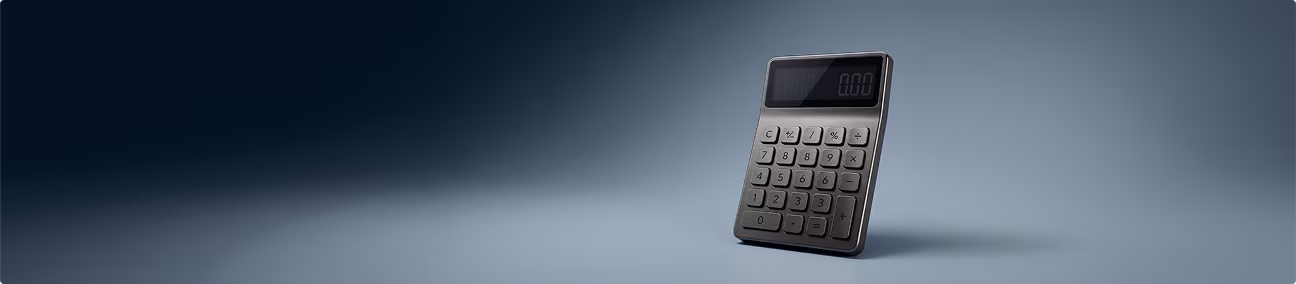 A black calculator with a blank display on a smooth, gradient blue-gray background.