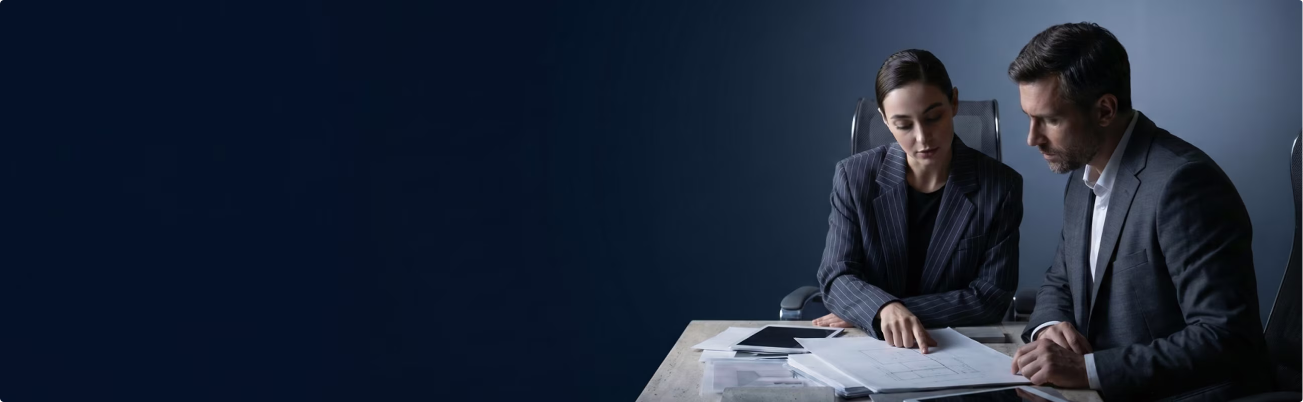 Two business professionals in suits reviewing documents at a desk in an office.