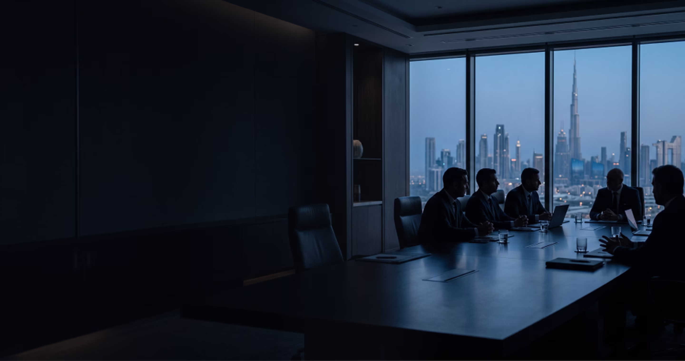 Business meeting with five men in suits around a table, skyscrapers visible through large windows.